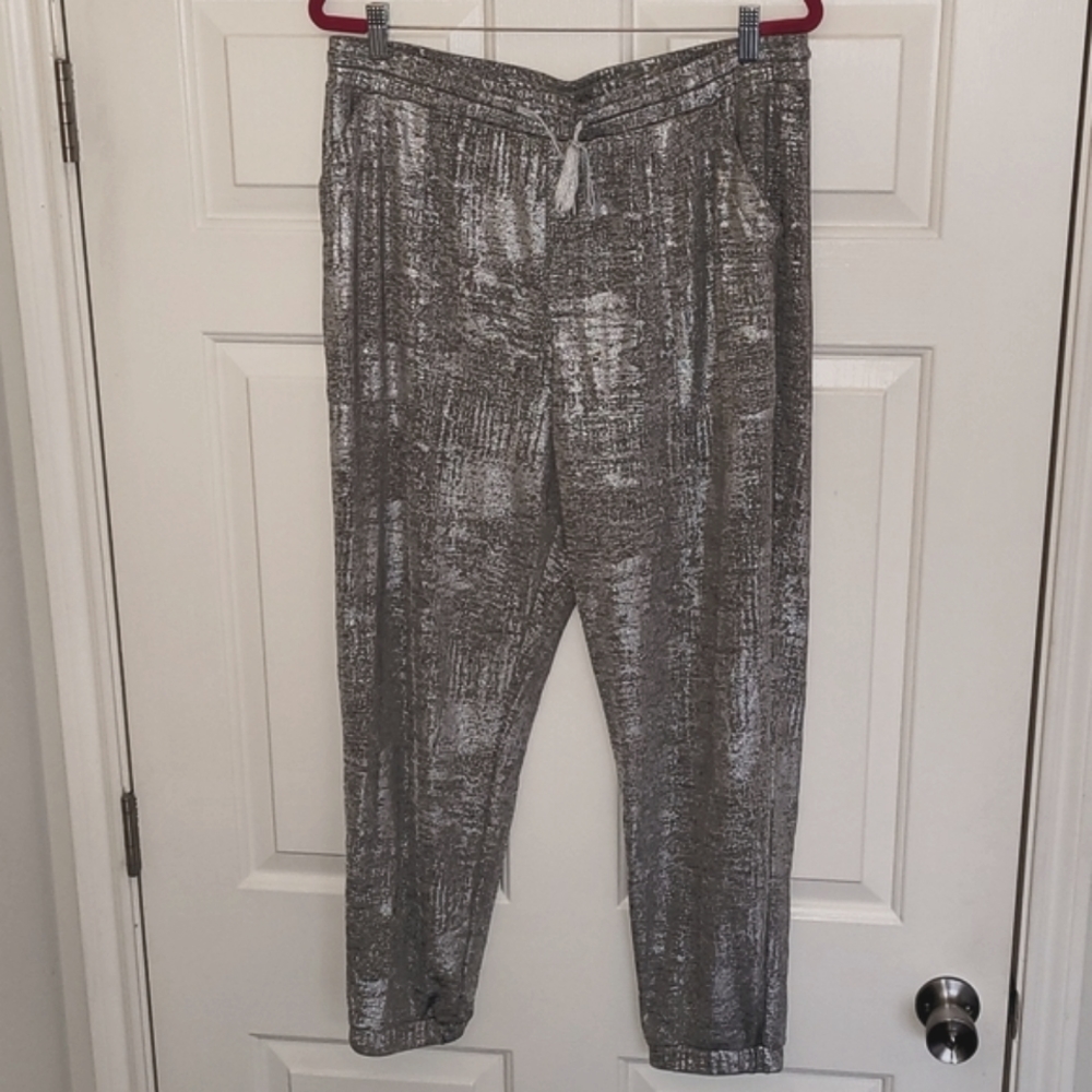 Anthropologie Silver Metallic Shiny Sheer Lightweight Drawstring Joggers